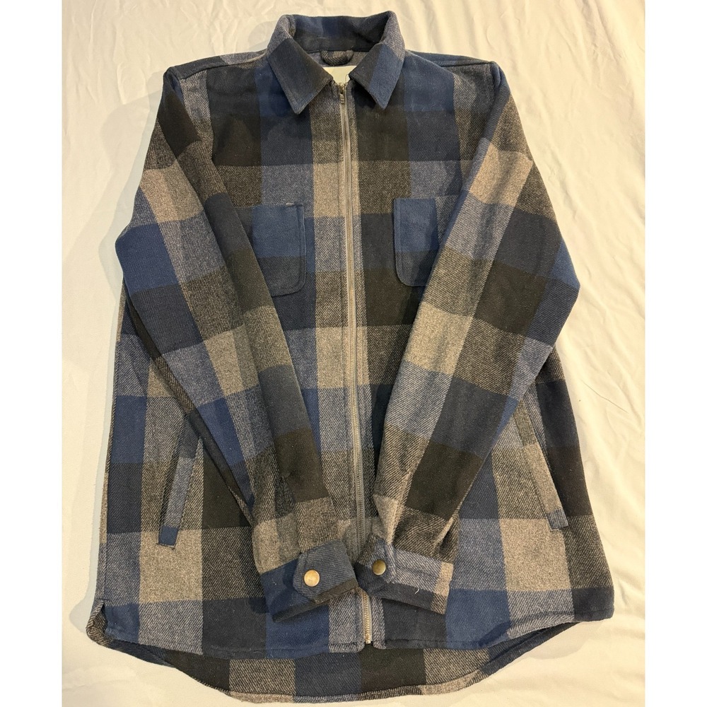 RVLT‎ Revolution Plaid Zip Up Jacket Men's L Blue Gray Flannel Wool Blend #3608